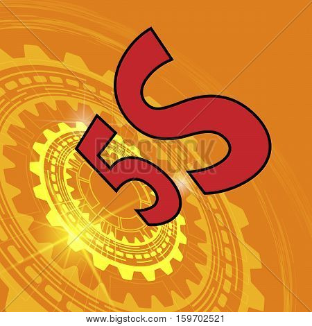 Five S strategy background. Orange industrial background with gear and red title 5S