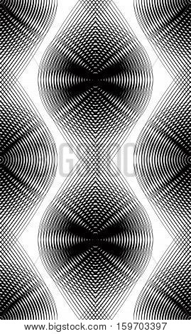 Vector monochrome stripy illusive endless pattern art continuous geometric background with graphic lines and overlapping geometric figures.