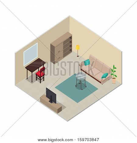 Isometric room interior design. Sofa, cupboard, carpet, floor lamp, table, chair TV. Furniture isometric interior, living room, house furniture, 3d domestic Detail model vector illustration