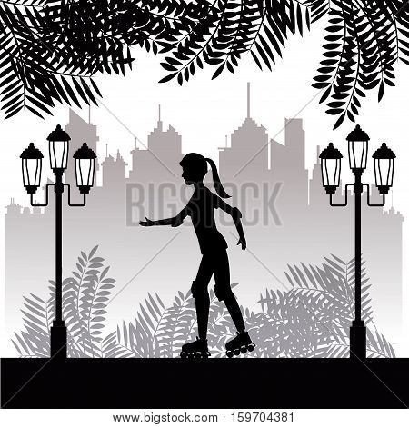 silhouette girl with roller skate park twon background