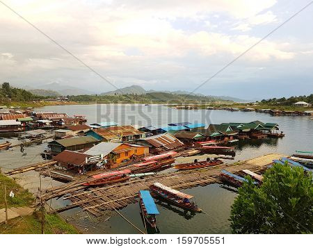 KANCHANABURI THAILAND - NOVEMBER 25: famous landmark of Sangkla Buri in the evening on November 25 2016 in Kanchanaburi Thailand