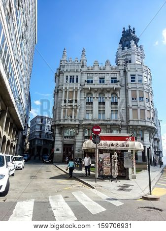 La Coruna, Galicia, Spain - September 8, 2014: Historic center of La Coruna, Northern Spain