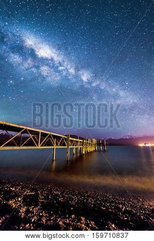 Night milkyway with wooden jetty at Te Anau New Zealand