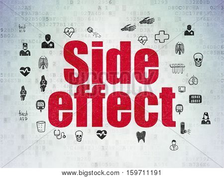 Healthcare concept: Painted red text Side Effect on Digital Data Paper background with  Hand Drawn Medicine Icons