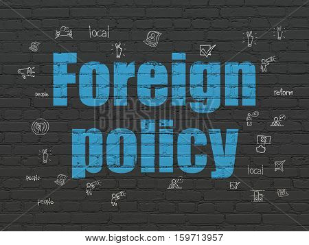 Politics concept: Painted blue text Foreign Policy on Black Brick wall background with  Hand Drawn Politics Icons