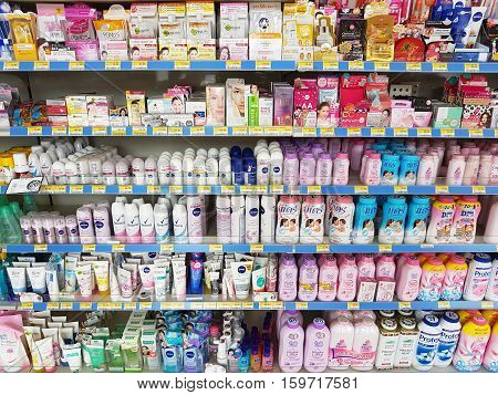 CHIANG RAI THAILAND - NOVEMBER 27: various brand of poders and cosmetics for sale on supermarket stand or shelf in Seven Eleven on November 27 2016 in Chiang rai Thailand