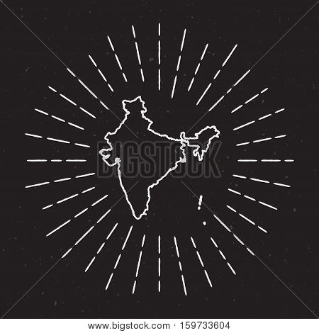 India Vector Map Outline With Vintage Sunburst Border. Hand Drawn Map With Hipster Decoration Elemen