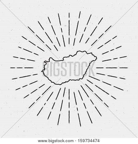 Retro Sunburst Hipster Design. Hungary Map Surrounded By Vintage Sunburst Rays. Trendy Hand Drawn Su