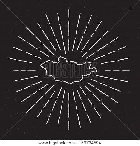Mongolia Vector Map Outline With Vintage Sunburst Border. Hand Drawn Map With Hipster Decoration Ele