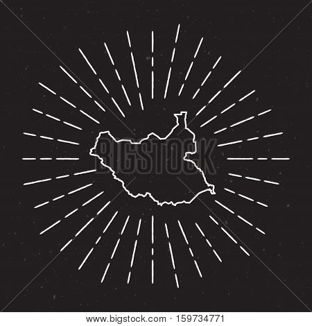 South Sudan Vector Map Outline With Vintage Sunburst Border. Hand Drawn Map With Hipster Decoration
