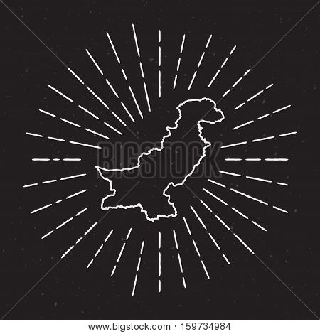 Pakistan Vector Map Outline With Vintage Sunburst Border. Hand Drawn Map With Hipster Decoration Ele