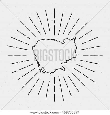 Vector Cambodia Map Outline With Retro Sunburst Border. Hand Drawn Hipster Decoration Element. Black