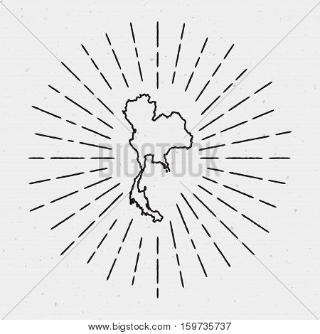 Vector Thailand Map Outline With Retro Sunburst Border. Hand Drawn Hipster Decoration Element. Black