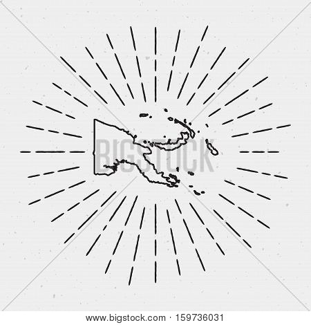 Vector Papua New Guinea Map Outline With Retro Sunburst Border. Hand Drawn Hipster Decoration Elemen