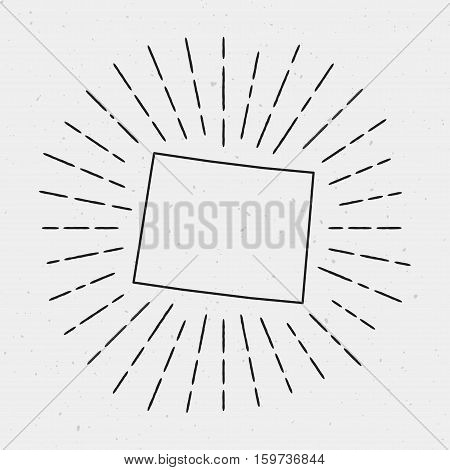 Vector Wyoming Map Outline With Retro Sunburst Border. Hand Drawn Hipster Decoration Element. Black