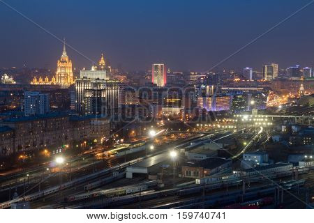 MOSCOW - APR 8, 2016: Kievsky railway station at night. Russian Railways is among three largest transport companies in world