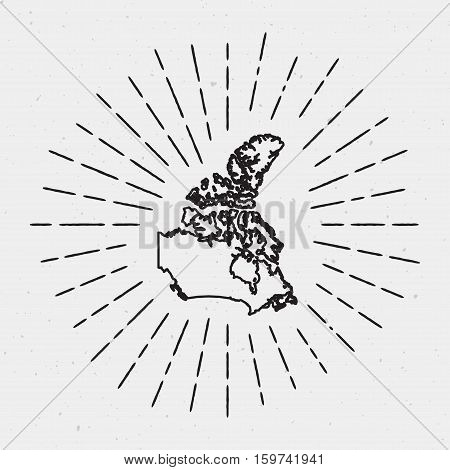 Vector Canada Map Outline With Retro Sunburst Border. Hand Drawn Hipster Decoration Element. Black R