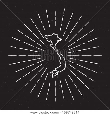 Vietnam Vector Map Outline With Vintage Sunburst Border. Hand Drawn Map With Hipster Decoration Elem