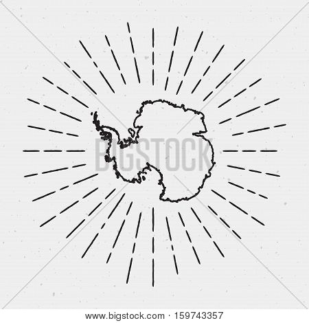 Vector Antarctica Map Outline With Retro Sunburst Border. Hand Drawn Hipster Decoration Element. Bla