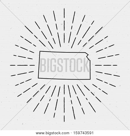 Vector Kansas Map Outline With Retro Sunburst Border. Hand Drawn Hipster Decoration Element. Black R
