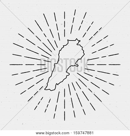 Retro Sunburst Hipster Design. Lebanon Map Surrounded By Vintage Sunburst Rays. Trendy Hand Drawn Su