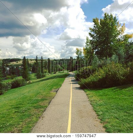 Park landscape paved trail and yellow line. Lush green grass and tall trees along trail. Blue sky and white clouds background.  Instagram effects.