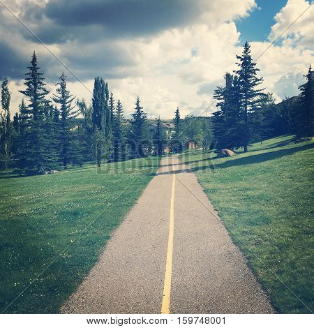 Park landscape with paved park path with yellow line. Bright lush green grass and tall trees along trail. Blue sky and white clouds background.  Instagram effects.