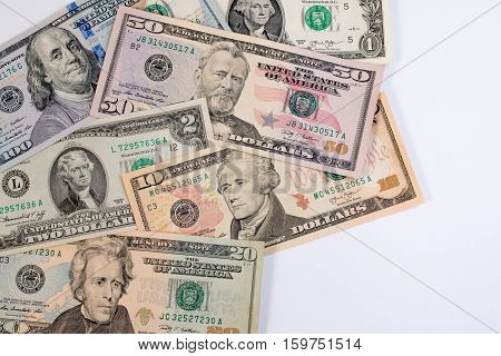 American Dollar  Or Us Dollor Banknote On Table. Close Up Of Assorted American Banknote.