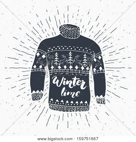 Vintage Label, Grunge Textured Hand Drawn Retro Badge Or T-shirt Typography Design With Raindeer Swe