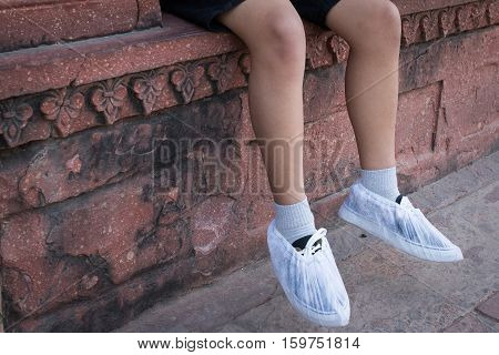 Visitors Wear Disposable Socks Inside The Taj Mahal Monument To Protect The Marble Floors From Damag