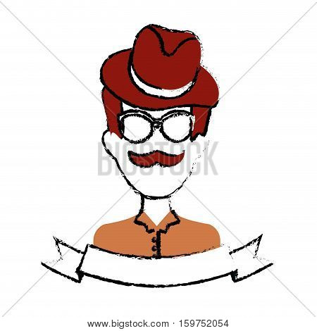 man face with mustache and glasses and decorative ribbon over white background. hispter style concept. colorful design. vector illustration