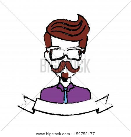 man face with mustache and glasses and decorative ribbon over white background. hispter style concept. colorful design. vector illustration