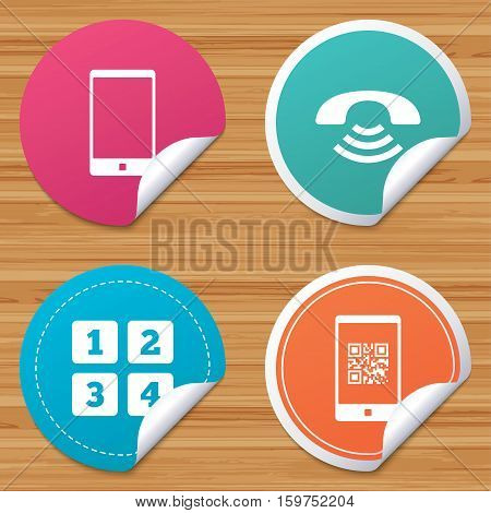 Round stickers or website banners. Phone icons. Smartphone with Qr code sign. Call center support symbol. Cellphone keyboard symbol. Circle badges with bended corner. Vector