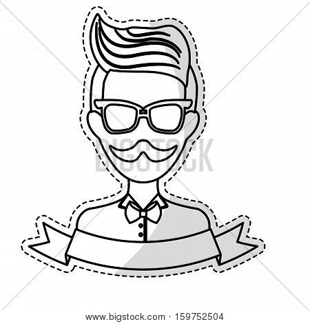 sticker of man face with mustache and glasses and decorative ribbon over white background. hispter style concept. vector illustration