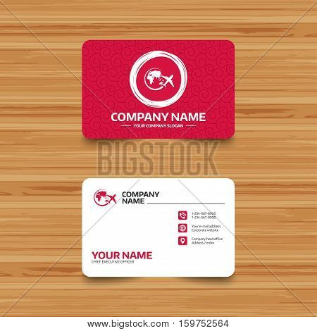 Business card template with texture. Airplane sign icon. Travel trip round the world symbol. Phone, web and location icons. Visiting card  Vector