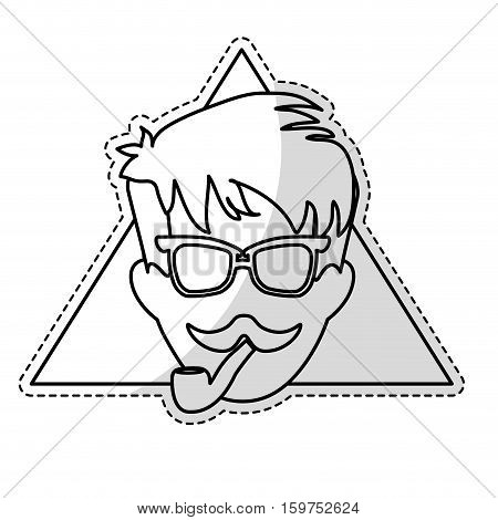 sticker of man face with mustache and glasses over triangular frame and white background. hispter style concept. vector illustration