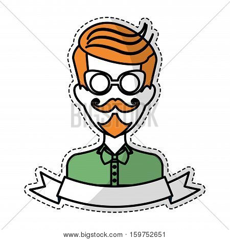 sticker of man face with mustache and glasses and decorative ribbon over white background. hispter style concept. colorful design. vector illustration