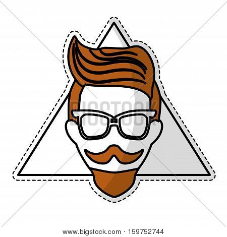 sticker of man face with mustache and glasses over triangular frame and white background. hispter style concept. colorful design. vector illustration