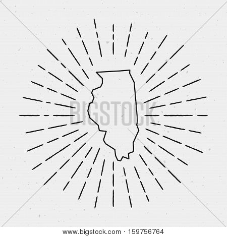 Vector Illinois Map Outline With Retro Sunburst Border. Hand Drawn Hipster Decoration Element. Black