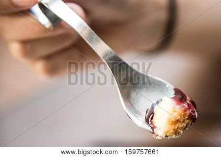Blueberrry Cheese Cake On Spoon Close Up Macro Shot
