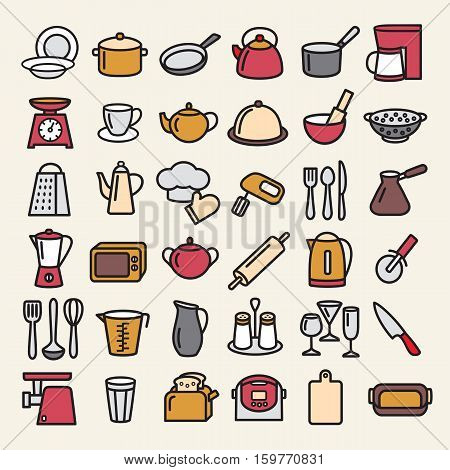 Set of modern thin color line icons home tableware household and kitchen utensils