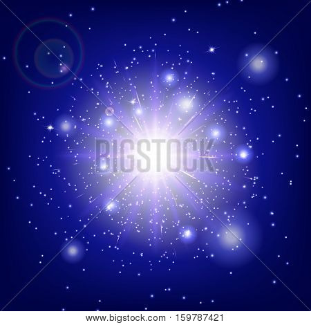 Light background texture. Stage vector. Magic stars. Sunshine rays. Illustration of a blue backdrop.