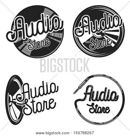 Vintage audio store emplems. Music shop, recording studio, karaoke club set of four vector monochrome labels, badges, emblems and logos in vintage style