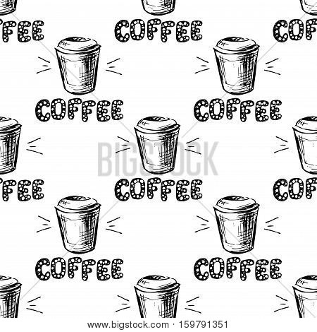 Coffee cup with lettering hand drawn seamless pattern black on white background stock vector illustration