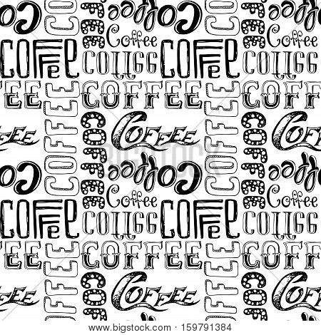 Coffee doodle lettering seamless pattern stock vector illustration