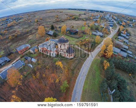 Aerial view of an abandoned Church in the village Trestna. Autumn.