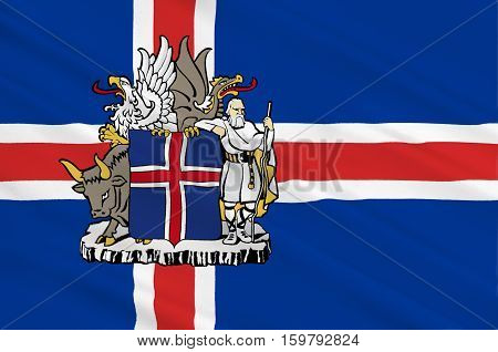 Flag of Republic of Iceland is a Nordic island country. 3d illustration