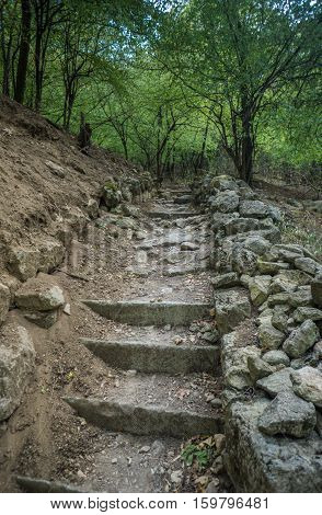 The stairs to Chufut-Kale - medieval cave town in Crimean Mountain. Bakhchisarai.