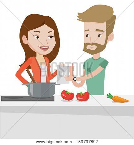 Caucasian couple following recipe for healthy vegetable meal on digital tablet. Couple cooking healthy meal. Couple cooking together. Vector flat design illustration isolated on white background.