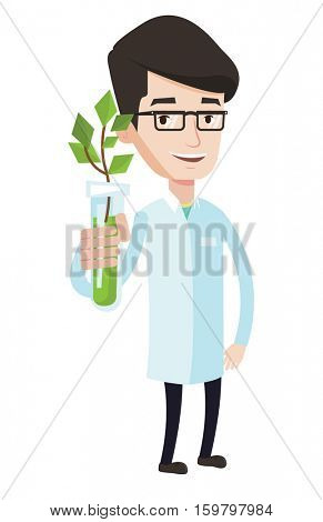 Scientist holding test tube with plant. Scientist analyzing plant in test tube. Scientist in medical gown showing test tube with plant. Vector flat design illustration isolated on white background.